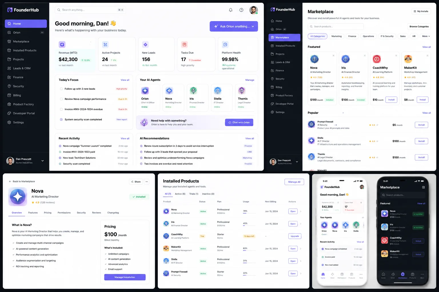 FounderHub product screens showing dashboard, marketplace, installed products, and mobile marketplace