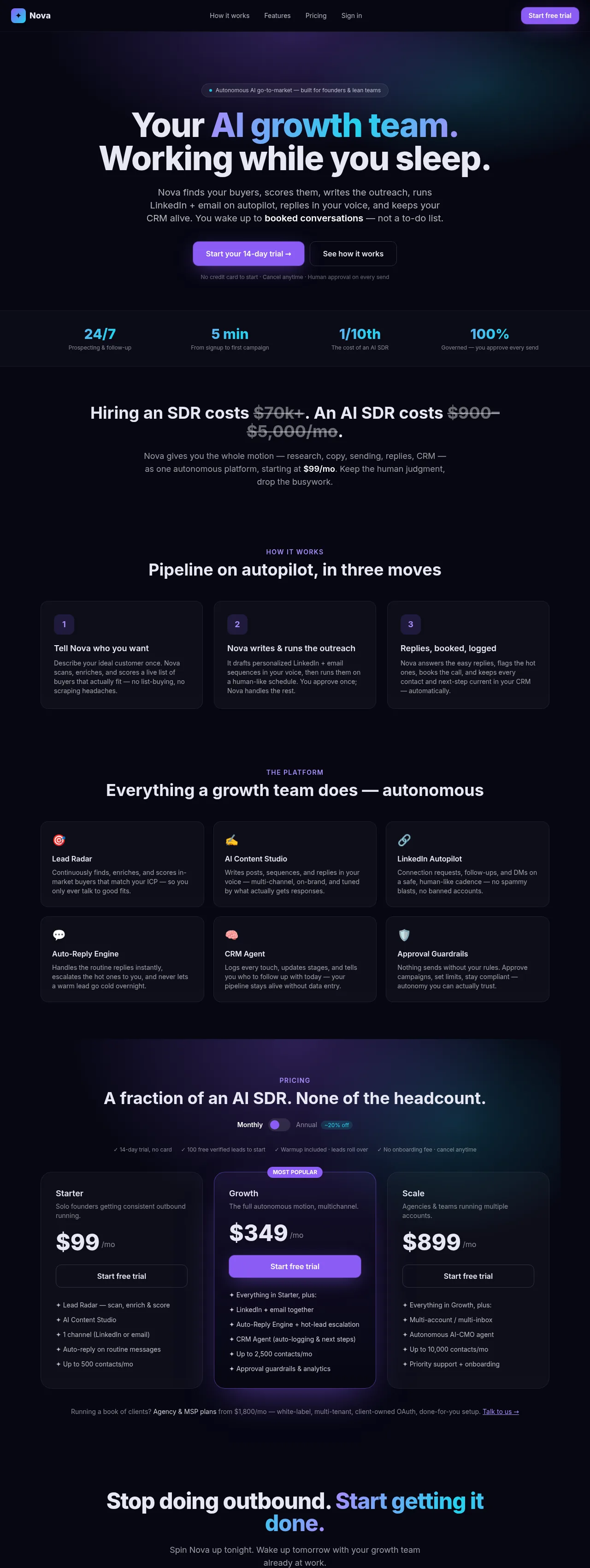 Nova AI growth platform landing interface