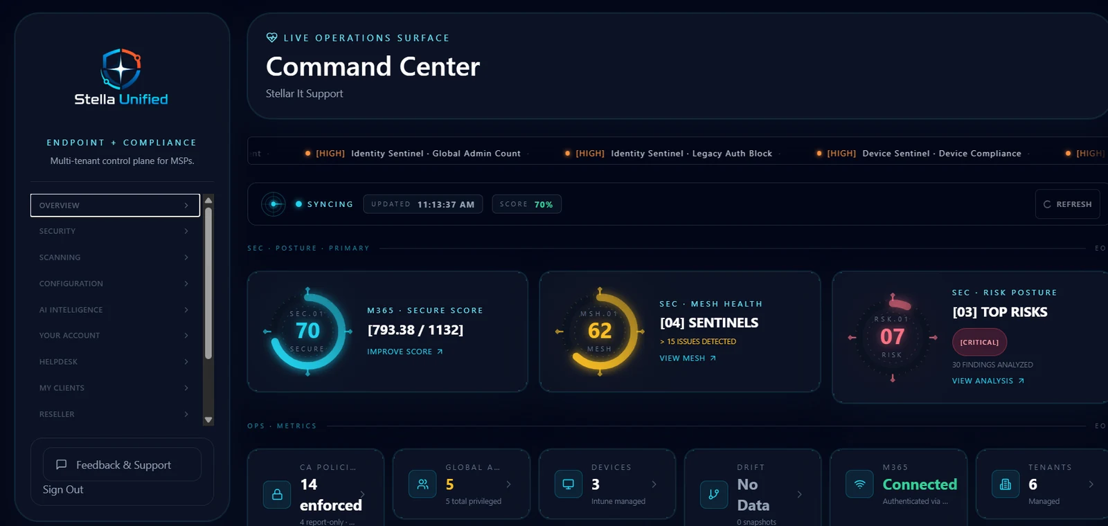 Stella Unified command center showing Microsoft posture, risk, tenants, and operations metrics